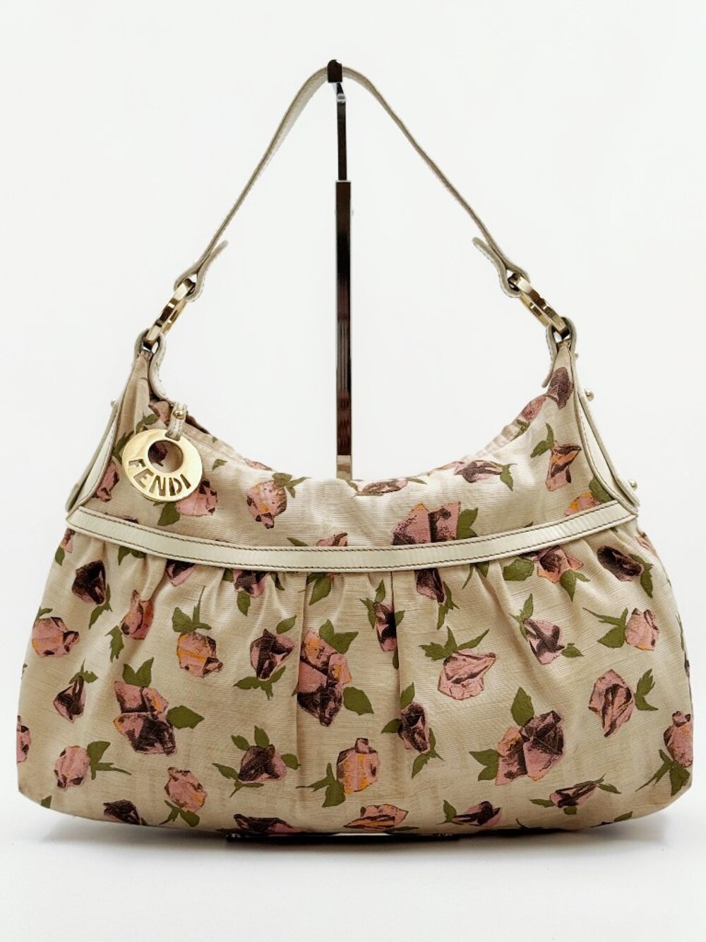 Fendi Floral Rose Print Shoulder Bag Beige Pink Gold Logo Hobo